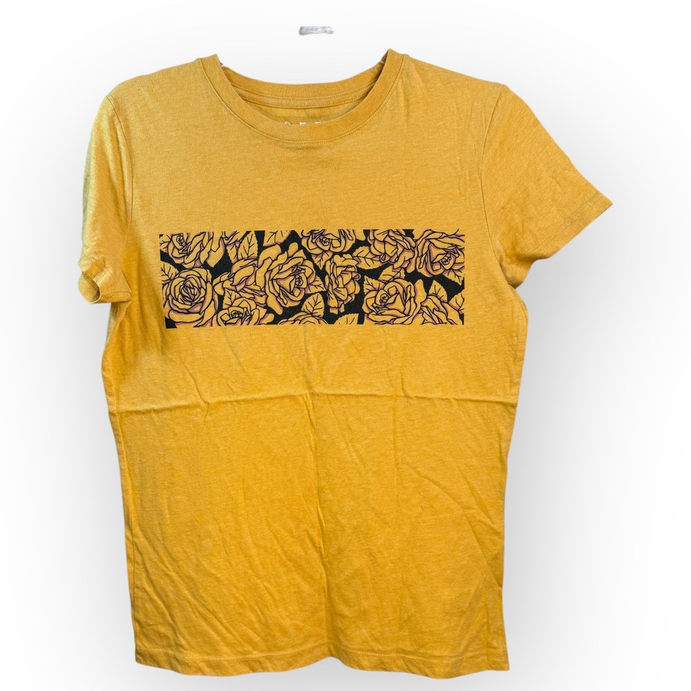Free State Graphic T-Shirt Floral‎ Print Short Sleeve Top Yellow Size L
